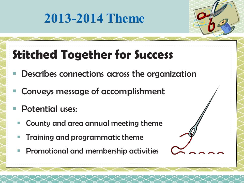 Theme Stitched Together for Success  Describes connections across the organization  Conveys message of accomplishment  Potential uses:  County and area annual meeting theme  Training and programmatic theme  Promotional and membership activities
