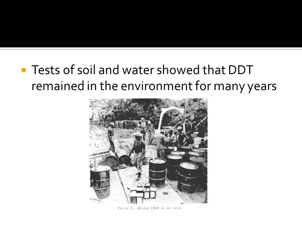  Tests of soil and water showed that DDT remained in the environment for many years
