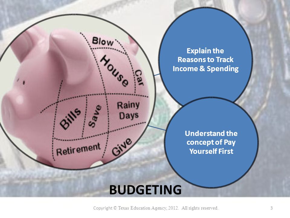 Explain the Reasons to Track Income & Spending Understand the concept of Pay Yourself First BUDGETING Copyright © Texas Education Agency, 2012.