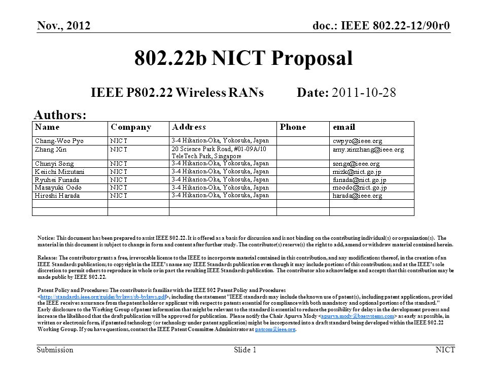 doc.: IEEE /90r0 Submission Nov., 2012 NICTSlide b NICT Proposal IEEE P Wireless RANs Date: Authors: Notice: This document has been prepared to assist IEEE