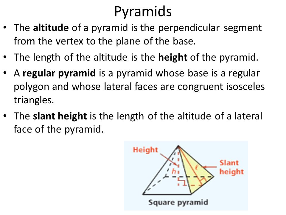 Pyramids The altitude of a pyramid is the perpendicular segment from the vertex to the plane of the base.