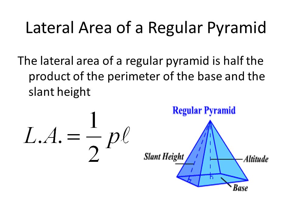 Lateral Area of a Regular Pyramid The lateral area of a regular pyramid is half the product of the perimeter of the base and the slant height