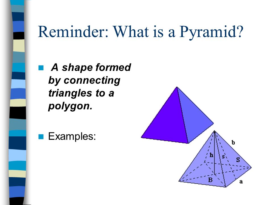 Reminder: What is a Pyramid A shape formed by connecting triangles to a polygon. Examples: