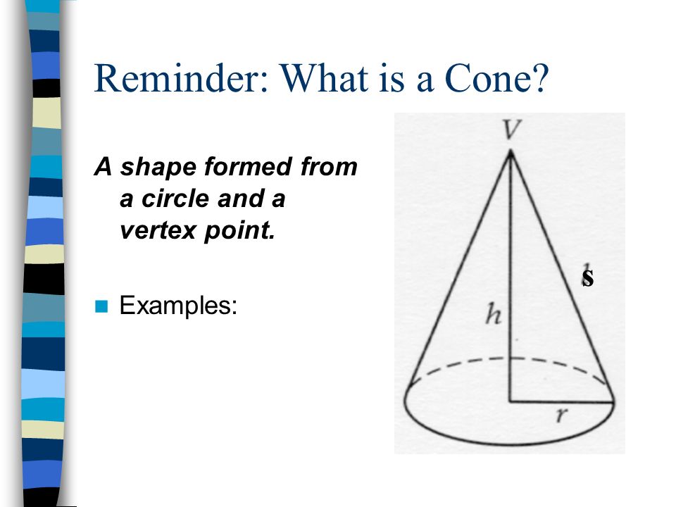 Reminder: What is a Cone A shape formed from a circle and a vertex point. Examples: s