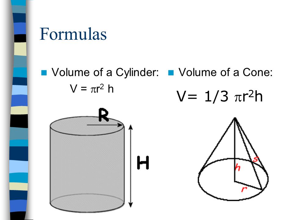 Formulas Volume of a Cone: V= 1/3 r 2 h Volume of a Cylinder: V =  r 2 h
