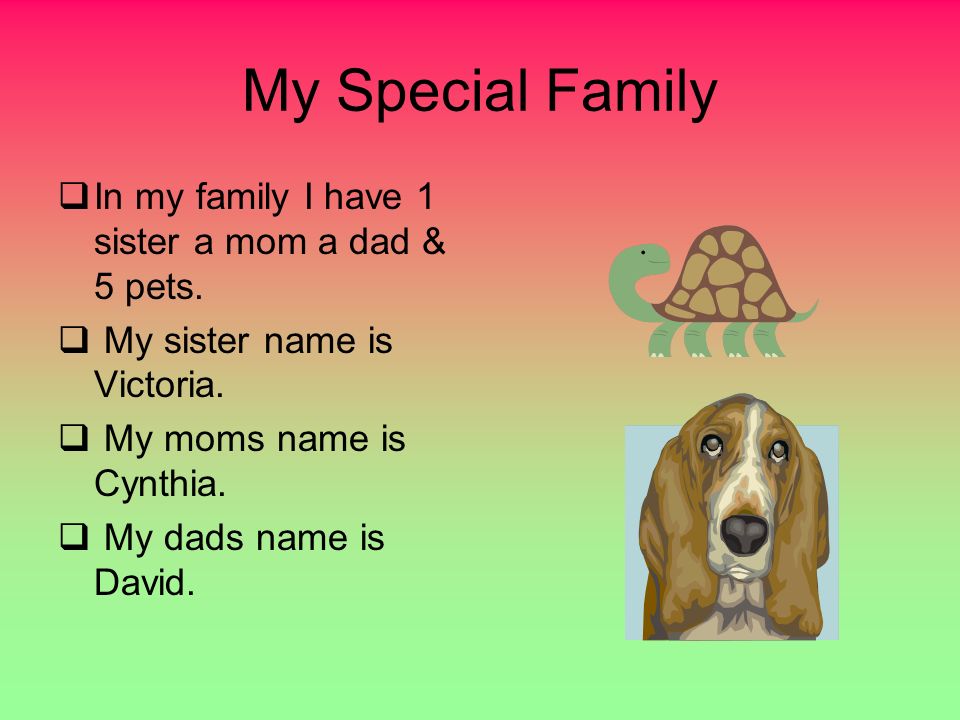 My Special Family  In my family I have 1 sister a mom a dad & 5 pets.