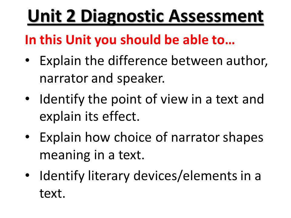 Unit 2 Diagnostic Assessment In this Unit you should be able to… Explain the difference between author, narrator and speaker.
