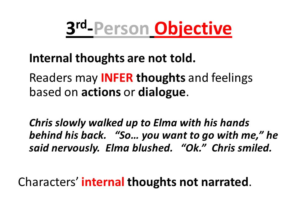 3 rd -Person Objective Internal thoughts are not told.