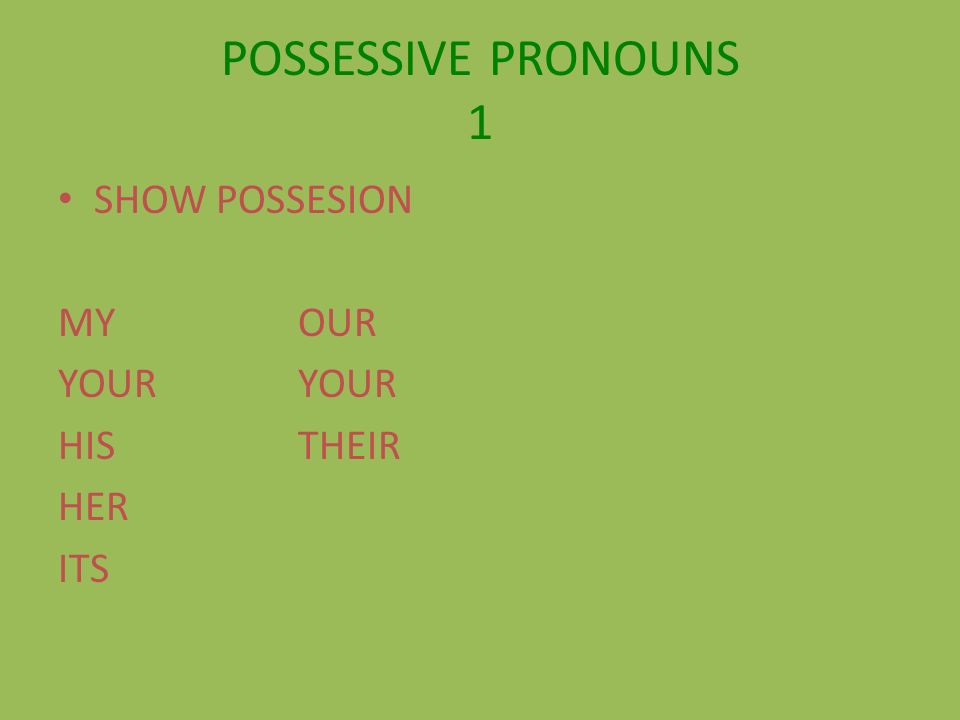POSSESSIVE PRONOUNS 1 SHOW POSSESION MYOURYOUR HISTHEIR HER ITS