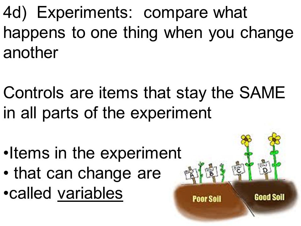4d) Experiments: compare what happens to one thing when you change another Controls are items that stay the SAME in all parts of the experiment Items in the experiment that can change are called variables