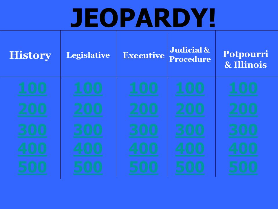 History Legislative Executive Judicial & Procedure Potpourri & Illinois JEOPARDY!