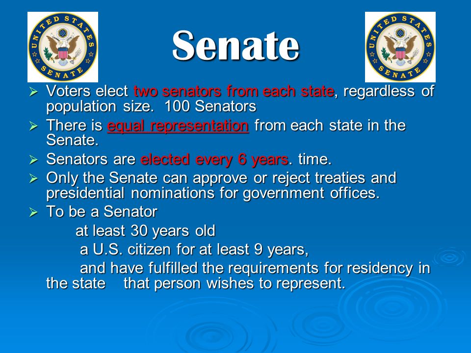 Senate  Voters elect two senators from each state, regardless of population size.