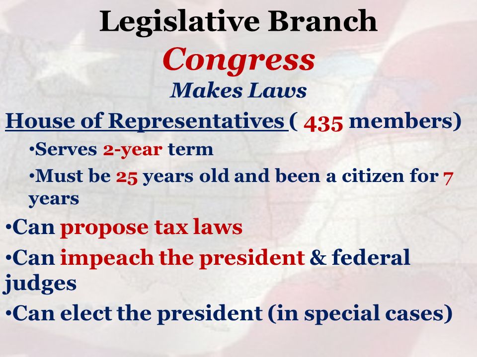 Legislative Branch House of Representatives ( 435 members) Serves 2-year term Must be 25 years old and been a citizen for 7 years Can propose tax laws Can impeach the president & federal judges Can elect the president (in special cases) Congress Makes Laws