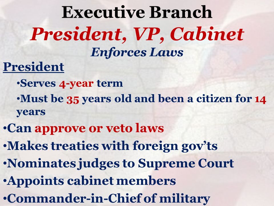 Executive Branch President Serves 4-year term Must be 35 years old and been a citizen for 14 years Can approve or veto laws Makes treaties with foreign gov’ts Nominates judges to Supreme Court Appoints cabinet members Commander-in-Chief of military President, VP, Cabinet Enforces Laws