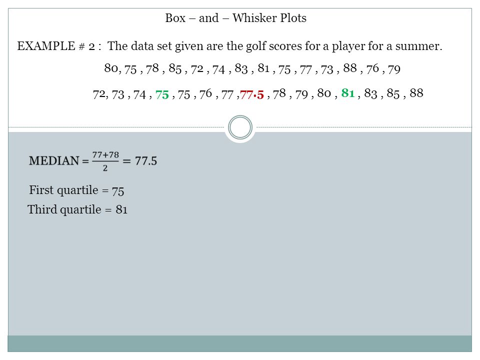 Box – and – Whisker Plots EXAMPLE # 2 : The data set given are the golf scores for a player for a summer.