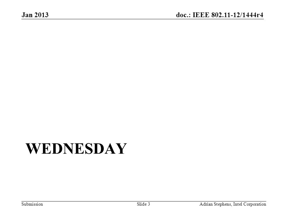 doc.: IEEE /1444r4 Submission WEDNESDAY Jan 2013 Adrian Stephens, Intel CorporationSlide 3