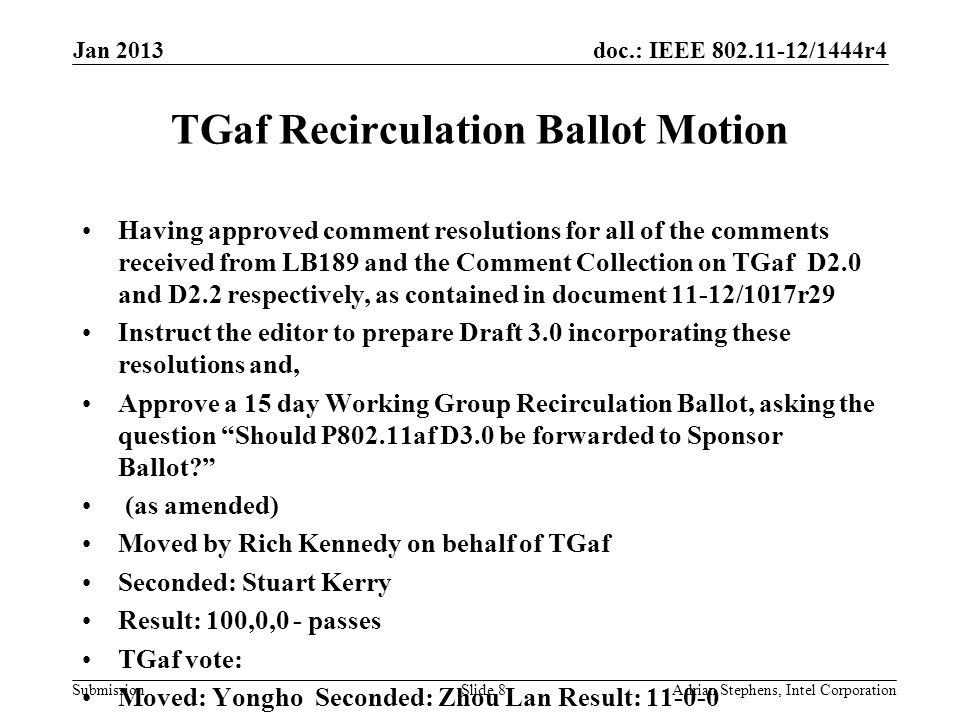 doc.: IEEE /1444r4 Submission TGaf Recirculation Ballot Motion Having approved comment resolutions for all of the comments received from LB189 and the Comment Collection on TGaf D2.0 and D2.2 respectively, as contained in document 11-12/1017r29 Instruct the editor to prepare Draft 3.0 incorporating these resolutions and, Approve a 15 day Working Group Recirculation Ballot, asking the question Should P802.11af D3.0 be forwarded to Sponsor Ballot (as amended) Moved by Rich Kennedy on behalf of TGaf Seconded: Stuart Kerry Result: 100,0,0 - passes TGaf vote: Moved: Yongho Seconded: Zhou Lan Result: Jan 2013 Adrian Stephens, Intel CorporationSlide 8