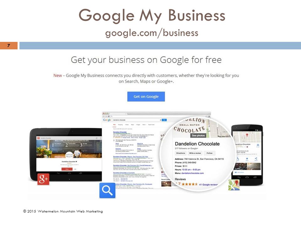 Google My Business google.com/business © 2015 Watermelon Mountain Web Marketing 7