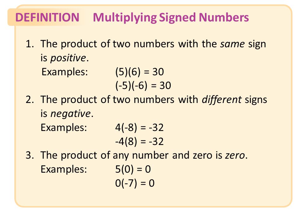 DEFINITIONMultiplying Signed Numbers 1.The product of two numbers with the same sign is positive.