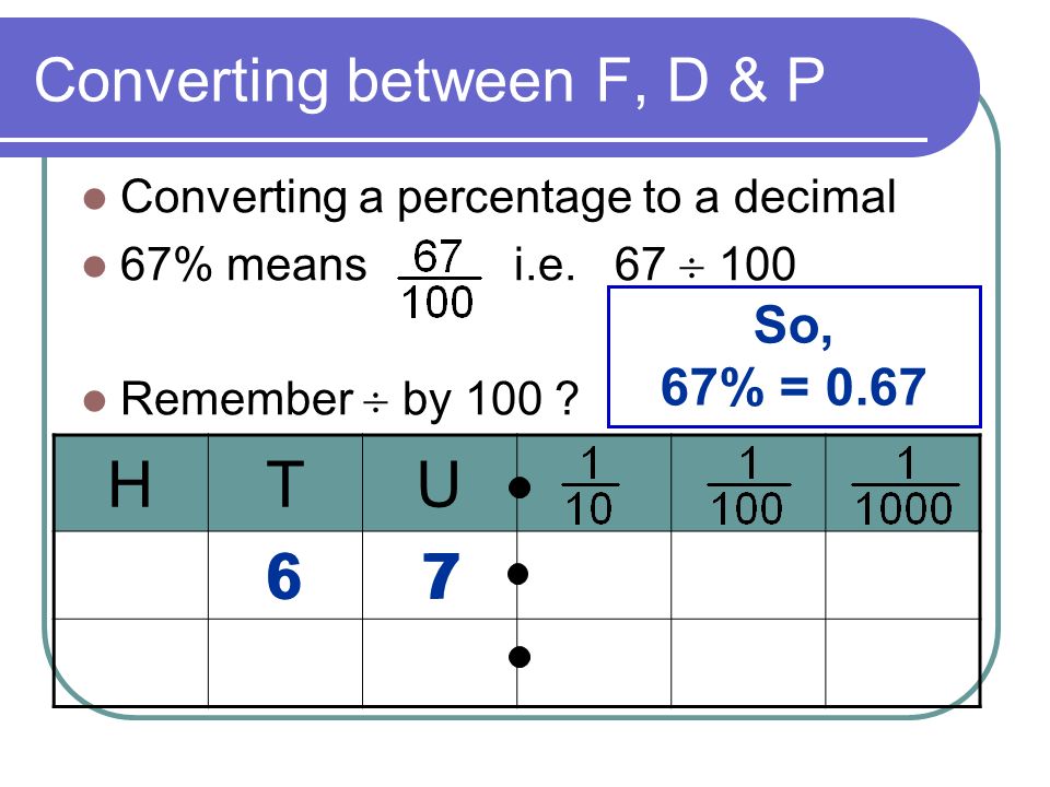 Converting between F, D & P Converting a percentage to a decimal 67% means i.e.