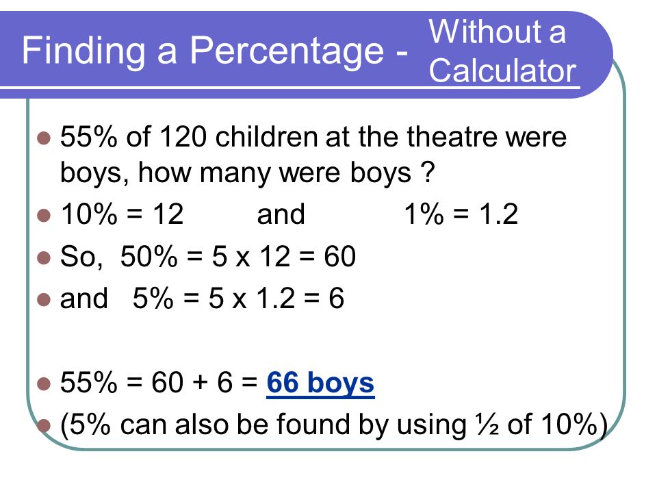 Finding a Percentage - 55% of 120 children at the theatre were boys, how many were boys .