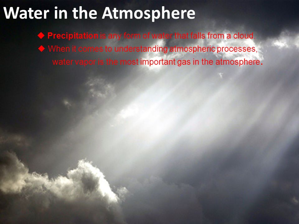 Water in the Atmosphere  Precipitation is any form of water that falls from a cloud.