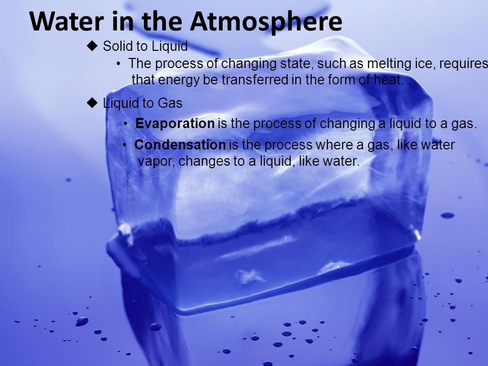 Water in the Atmosphere  Solid to Liquid The process of changing state, such as melting ice, requires that energy be transferred in the form of heat.