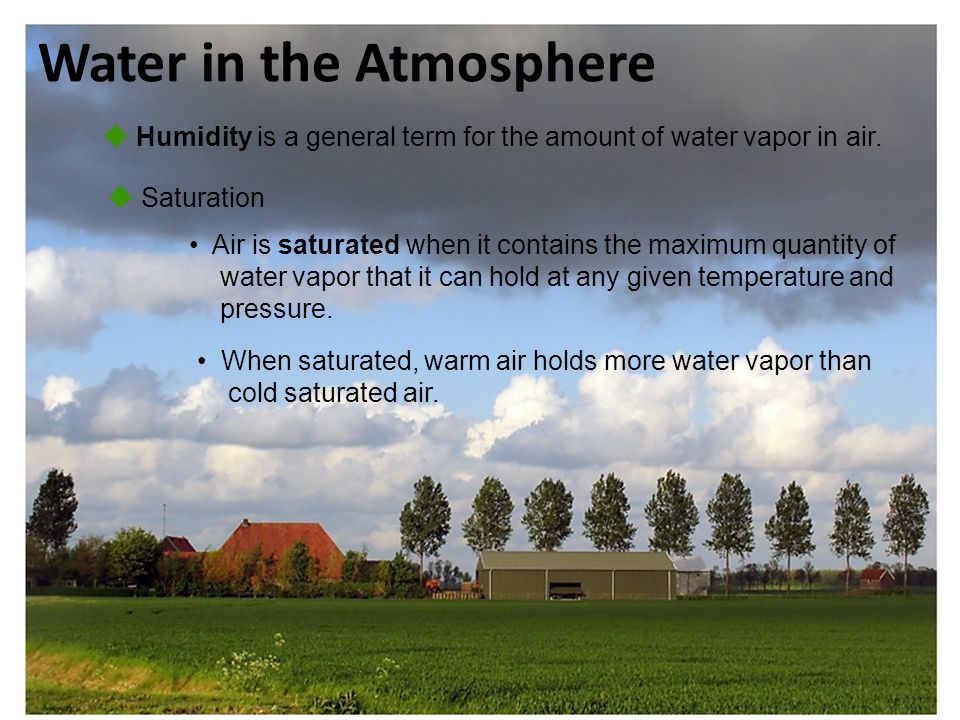 Water in the Atmosphere  Humidity is a general term for the amount of water vapor in air.