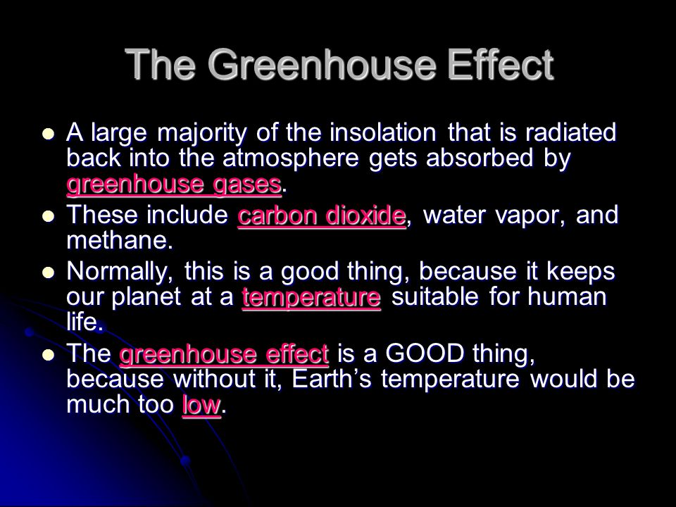 The Greenhouse Effect A large majority of the insolation that is radiated back into the atmosphere gets absorbed by greenhouse gases.