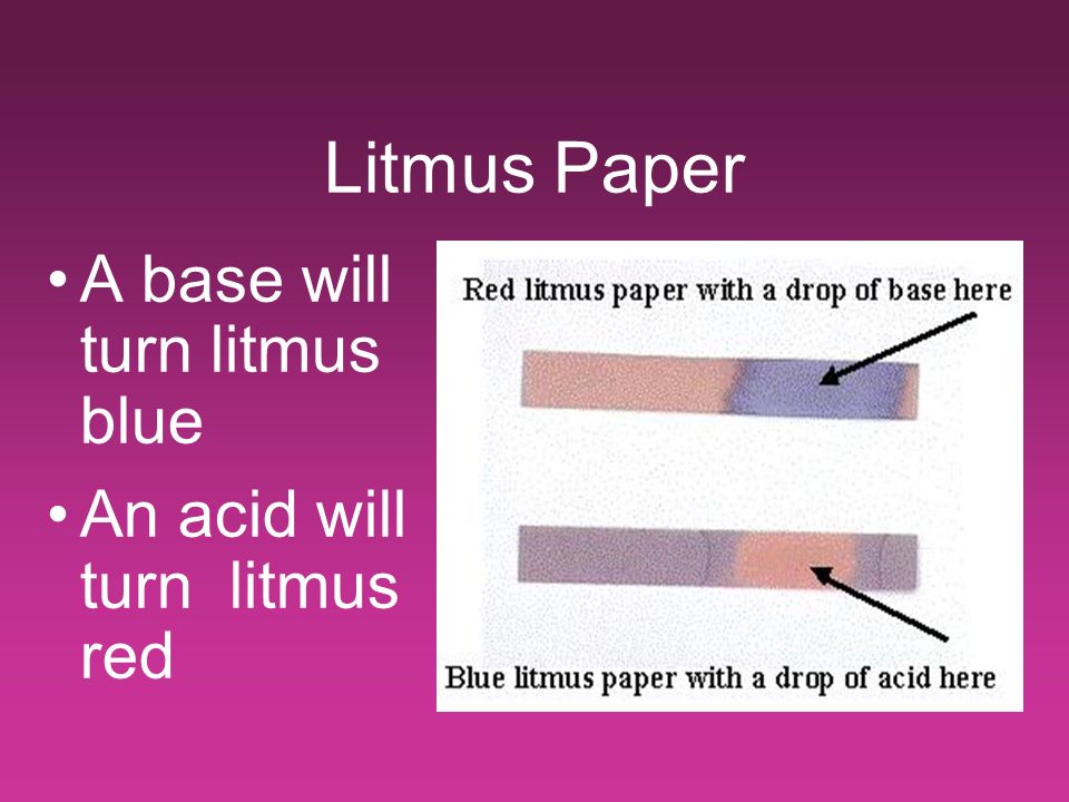 Litmus Paper A base will turn litmus blue An acid will turn litmus red