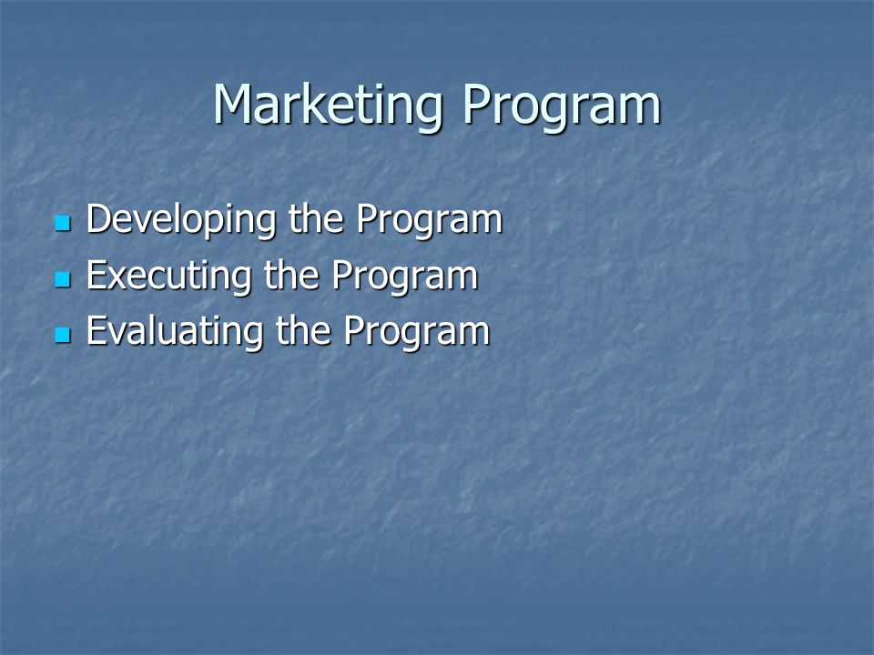 Marketing Program Developing the Program Developing the Program Executing the Program Executing the Program Evaluating the Program Evaluating the Program