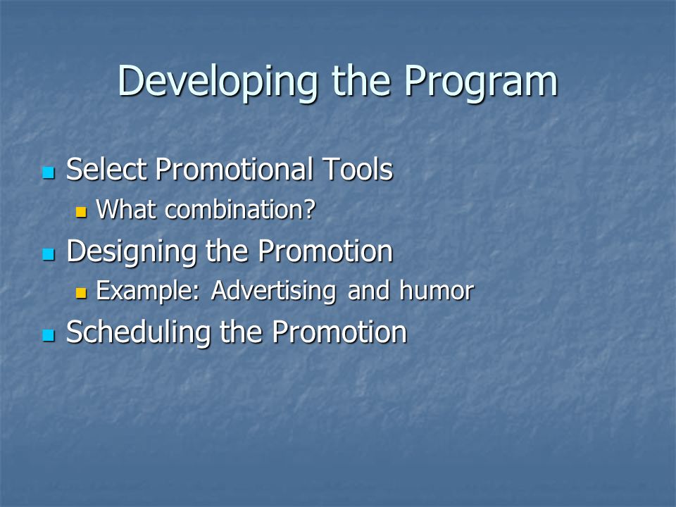 Developing the Program Select Promotional Tools Select Promotional Tools What combination.