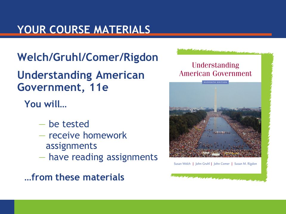 YOUR COURSE MATERIALS Welch/Gruhl/Comer/Rigdon Understanding American Government, 11e You will… — be tested — receive homework assignments — have reading assignments …from these materials