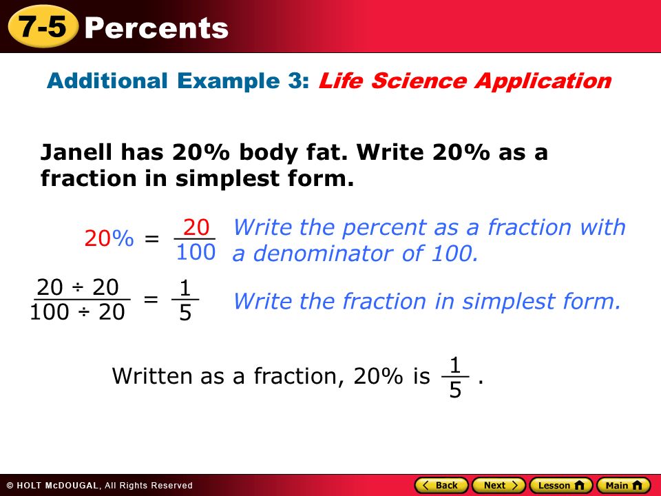 7 5 percents learn to write percents as decimals and as fractions 35 100 in simplest form