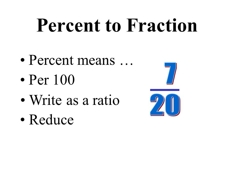 1.Write as a ratio (fraction with 100 as the denominator) Percent to Fraction
