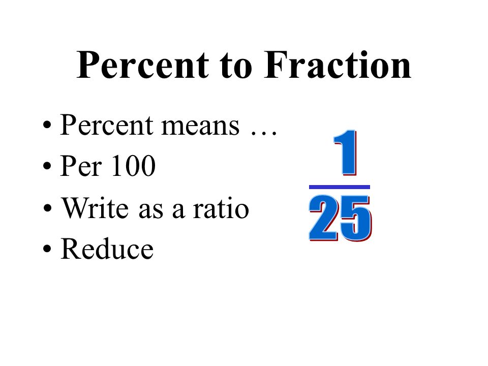 Percent means … Per 100 Write as a ratio Reduce Percent to Fraction