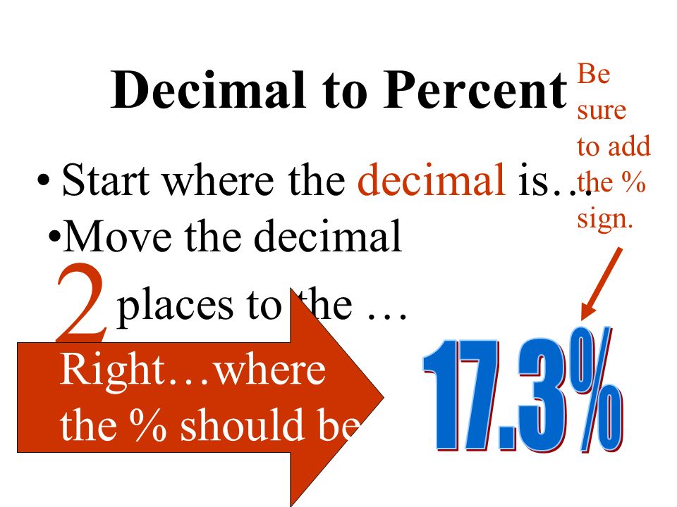 Decimal to Percent Start where the decimal is… Right…where the % should be.
