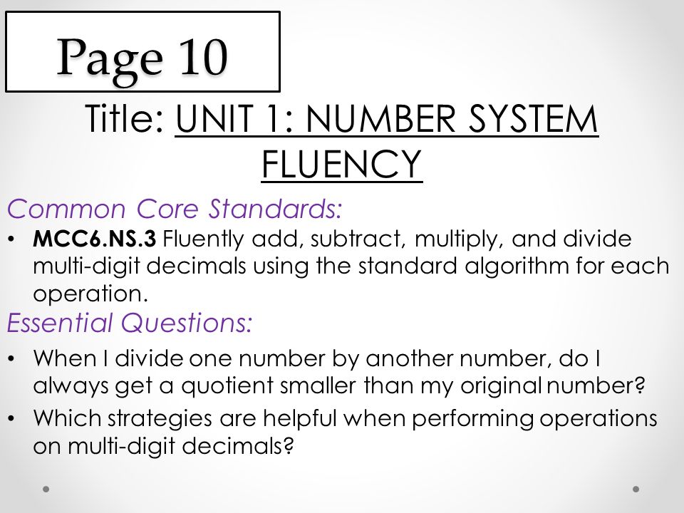 Page 10 Title: UNIT 1: NUMBER SYSTEM FLUENCY Common Core Standards: MCC6.NS.3 Fluently add, subtract, multiply, and divide multi-digit decimals using the standard algorithm for each operation.