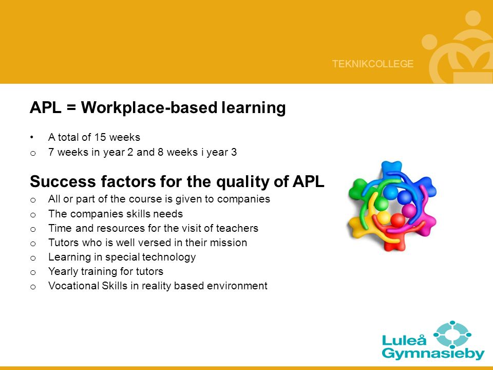 TEKNIKCOLLEGE APL = Workplace-based learning A total of 15 weeks o 7 weeks in year 2 and 8 weeks i year 3 Success factors for the quality of APL o All or part of the course is given to companies o The companies skills needs o Time and resources for the visit of teachers o Tutors who is well versed in their mission o Learning in special technology o Yearly training for tutors o Vocational Skills in reality based environment