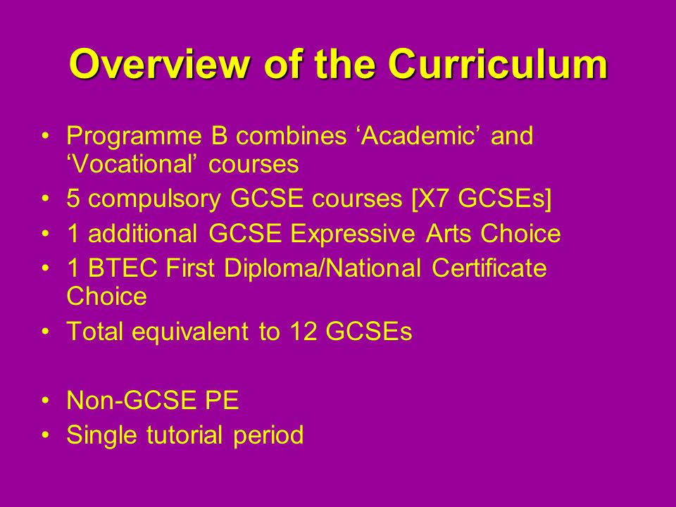 Overview of the Curriculum Programme B combines ‘Academic’ and ‘Vocational’ courses 5 compulsory GCSE courses [X7 GCSEs] 1 additional GCSE Expressive Arts Choice 1 BTEC First Diploma/National Certificate Choice Total equivalent to 12 GCSEs Non-GCSE PE Single tutorial period