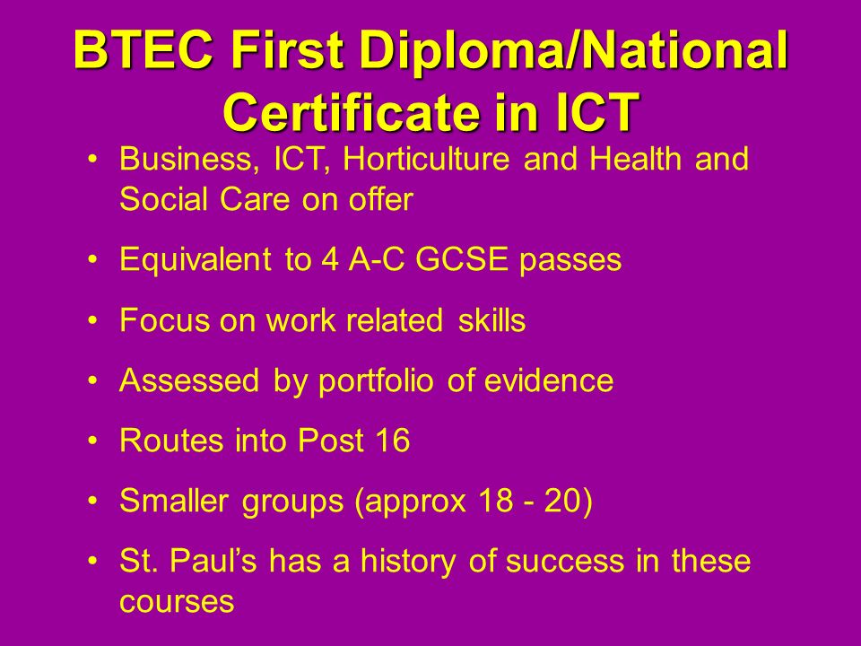BTEC First Diploma/National Certificate in ICT Business, ICT, Horticulture and Health and Social Care on offer Equivalent to 4 A-C GCSE passes Focus on work related skills Assessed by portfolio of evidence Routes into Post 16 Smaller groups (approx ) St.