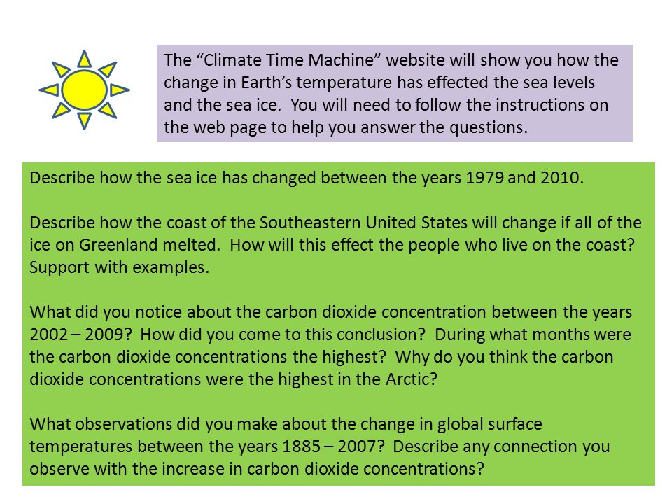 The Climate Time Machine website will show you how the change in Earth’s temperature has effected the sea levels and the sea ice.