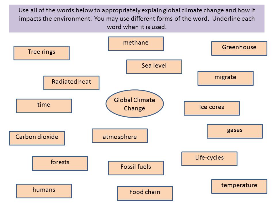 Use all of the words below to appropriately explain global climate change and how it impacts the environment.