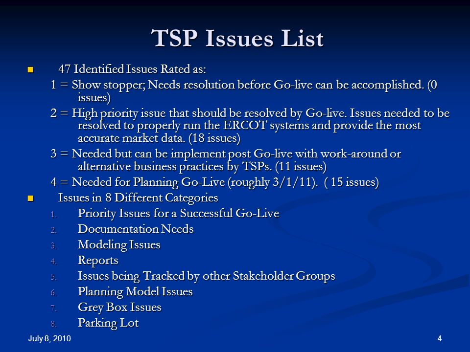 July 8, TSP Issues List 47 Identified Issues Rated as: 47 Identified Issues Rated as: 1 = Show stopper; Needs resolution before Go-live can be accomplished.