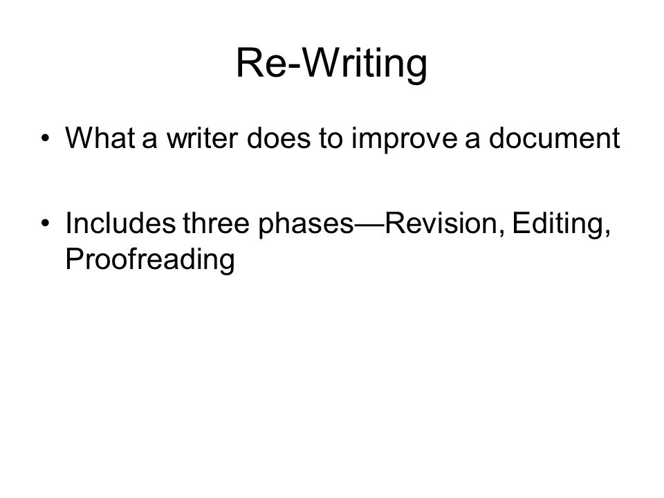 Re-Writing What a writer does to improve a document Includes three phases—Revision, Editing, Proofreading