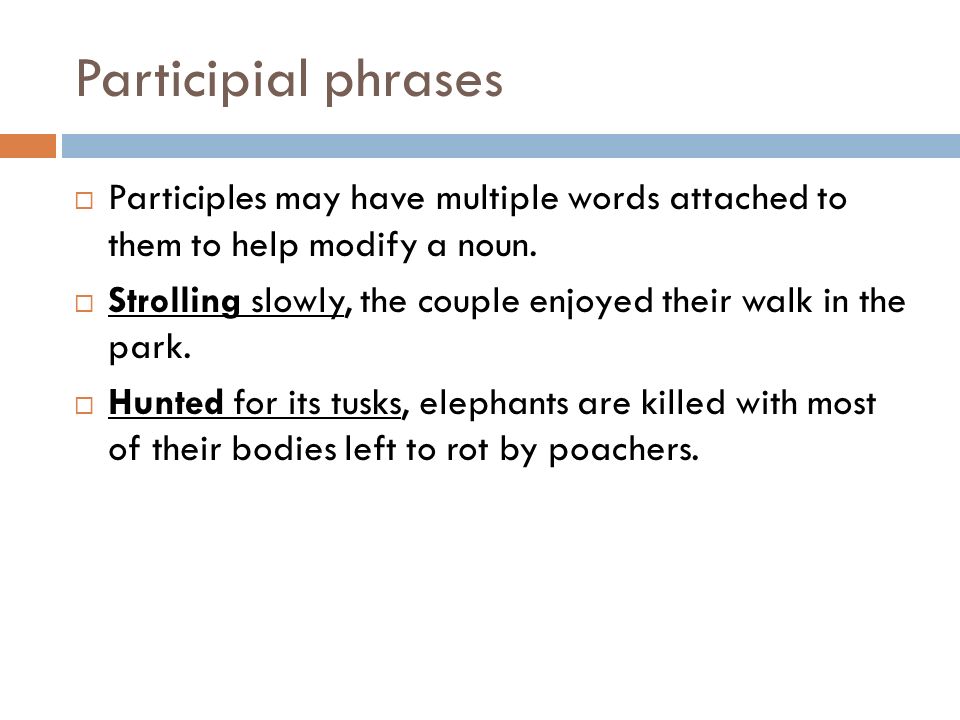 Participial phrases  Participles may have multiple words attached to them to help modify a noun.