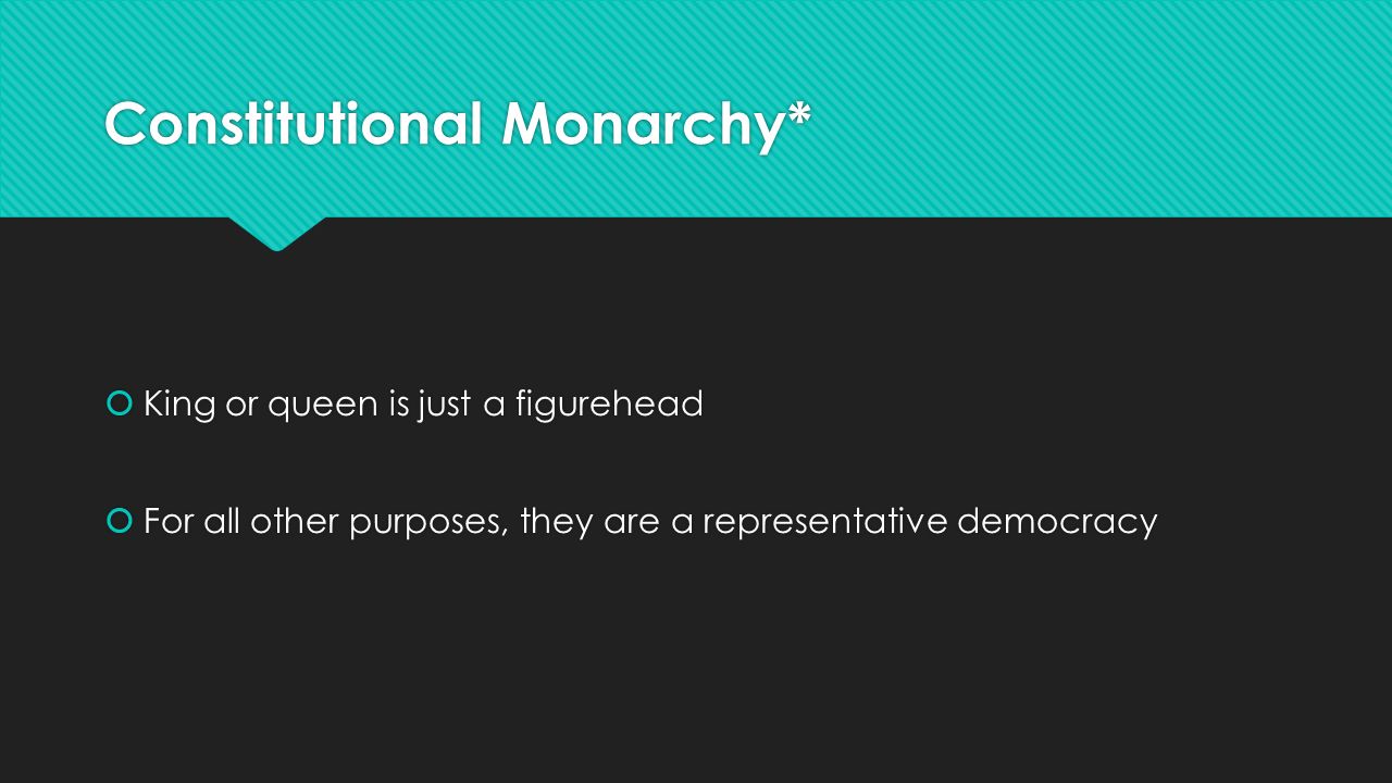 Constitutional Monarchy*  King or queen is just a figurehead  For all other purposes, they are a representative democracy  King or queen is just a figurehead  For all other purposes, they are a representative democracy
