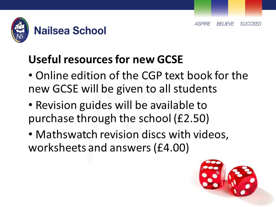 Useful resources for new GCSE Online edition of the CGP text book for the new GCSE will be given to all students Revision guides will be available to purchase through the school (£2.50) Mathswatch revision discs with videos, worksheets and answers (£4.00)