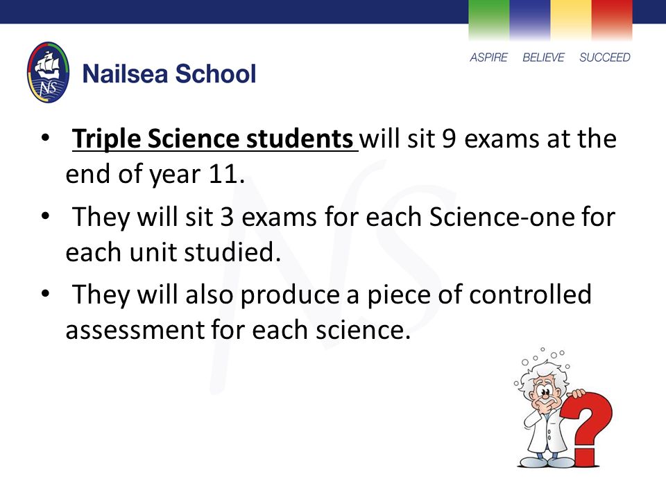 Triple Science students will sit 9 exams at the end of year 11.