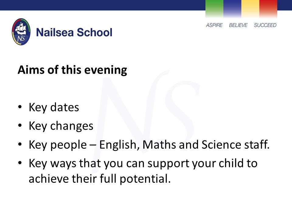 Aims of this evening Key dates Key changes Key people – English, Maths and Science staff.